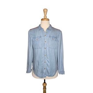 Velvet Heart Tencel Chambray Button Down Shirt Stripe Shoulder M‎ Military